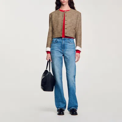Sandro Short Micro Houndstooth Jacket In Brown