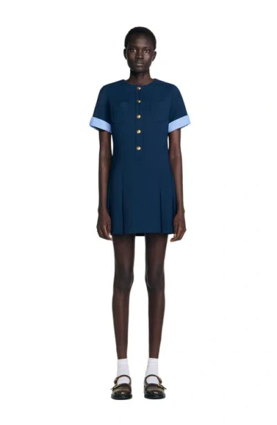 Sandro Womens Navy Blue Patch-pocket Pleated Stretch-woven Mini Dress