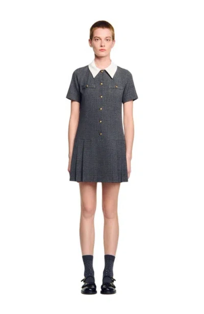Sandro Short Pleated Dress With Rhinestones In Gray