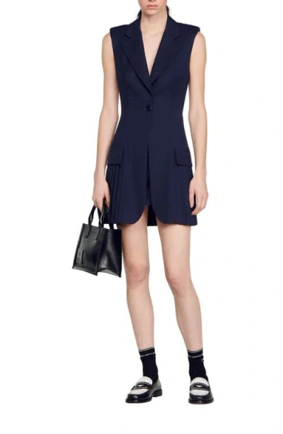 Sandro Short Pleated Suit Dress In Deep Blu