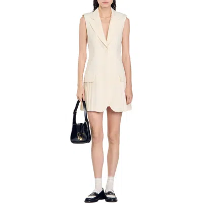 Sandro Short Pleated Suit Dress In Ecru