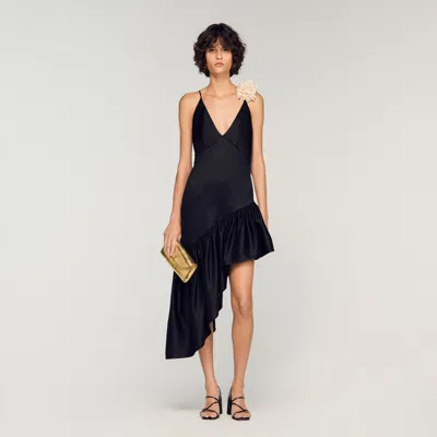 Sandro Asymmetrical Ruffled Dress In Black