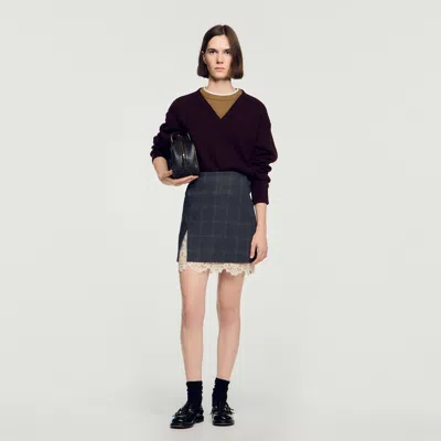 Sandro Short Skirt With Lace Panel In Gray