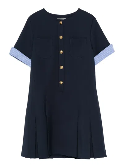 Sandro Womens Navy Blue Patch-pocket Pleated Stretch-woven Mini Dress