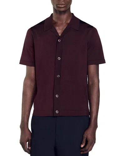 Sandro Short Sleeve Knit Camp Shirt In Black Brown