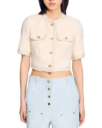 Sandro Short Sleeve Tweed Jacket In Ecru/pink