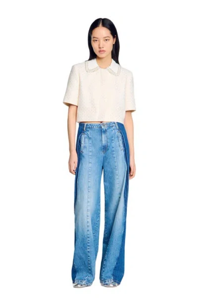Sandro Short-sleeved Rhinestone Jacket In Ecru
