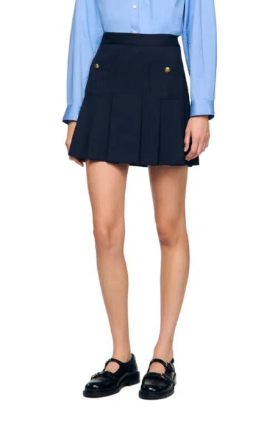 Sandro Short Striped Pleated Skirt In Blue