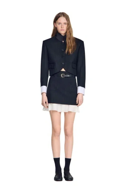 Sandro Short Striped Ruffled Skirt In Black