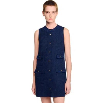 Sandro Womens Navy Blue Flap-pocket Sleeveless Tweed Mini Dress
