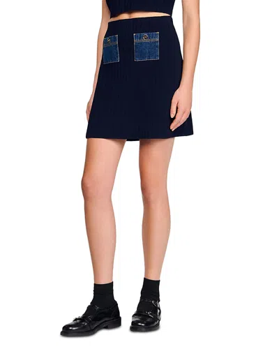 Sandro Short Two Tone Knit Skirt In Blue