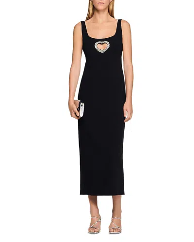 Sandro Womens Black Sleeveless Rhinestone-heart Stretch-woven Maxi Dress