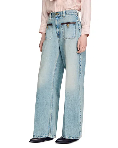 Sandro Sigrid High Rise Straight Leg Leather Detail Jeans In Blue Jean