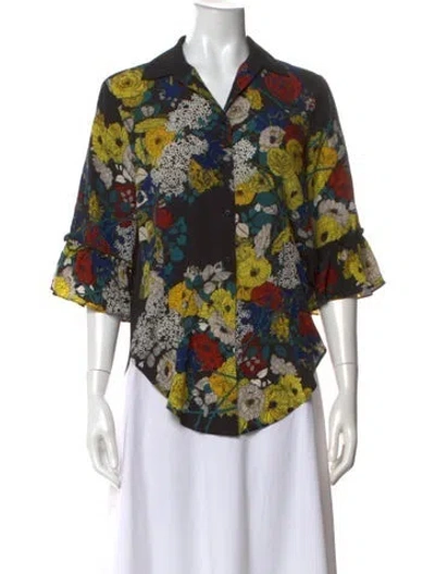 Pre-owned Sandro Silk Floral Print Blouse In Black