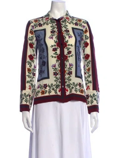Pre-owned Sandro Silk Floral Print Blouse In Burgundy/white