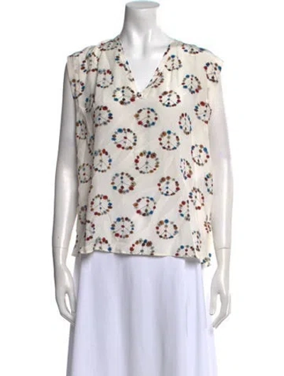 Pre-owned Sandro Silk Floral Print Blouse In White