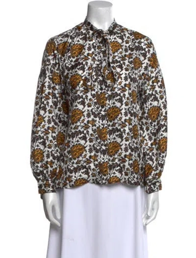 Pre-owned Sandro Silk Floral Print Button-up Top In White