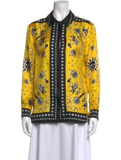 Pre-owned Sandro Silk Graphic Print Top In Yellow