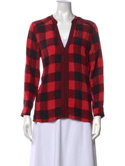 Pre-owned Sandro Silk Plaid Print Blouse In Red
