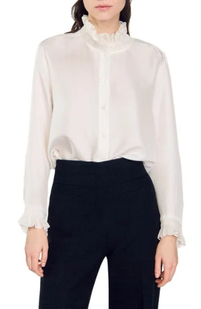 Sandro Silk Shirt With Gathered Collar In Ecru
