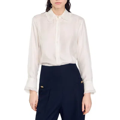 Sandro Silk Shirt With Pleated Trim In Ecru