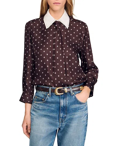 Sandro Silk Tie Shirt In Brown