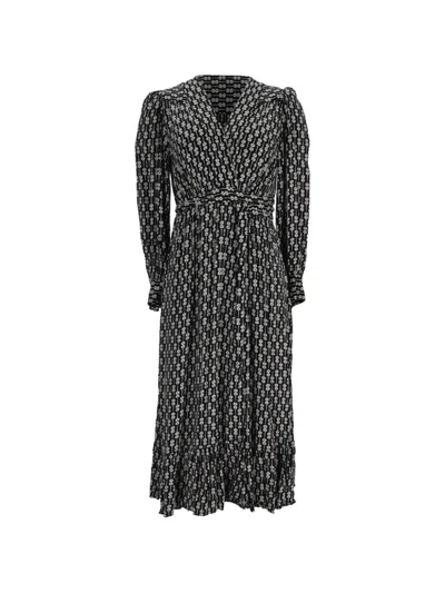 Pre-owned Sandro Sirene Floral-print Belted Wrap Midi Dress In Black