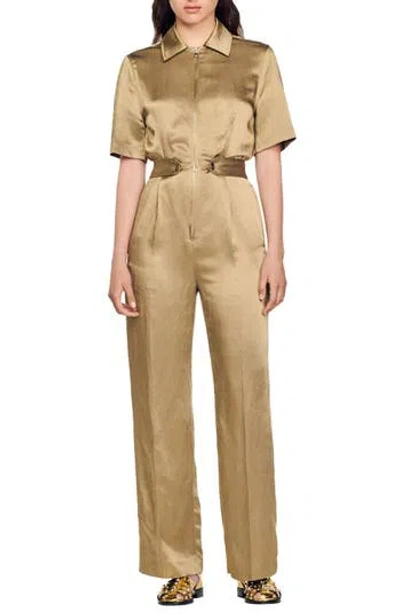 Sandro Sisteron Satin Zip Jumpsuit In Brown