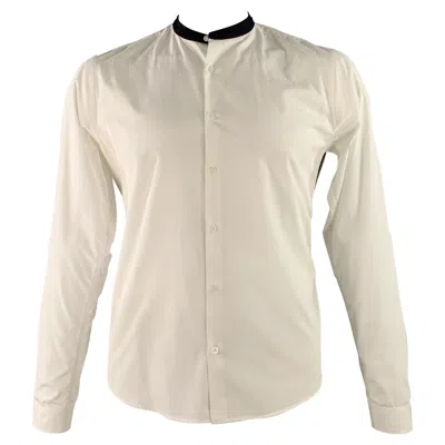 Pre-owned Sandro Size L White Black Cotton Collarless Contrast Trim Long Sleeve Shirt