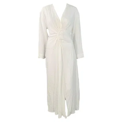 Pre-owned Sandro Size S White Acetate Blend Wrinkled Ruched Long Sleeve V-neck Dress
