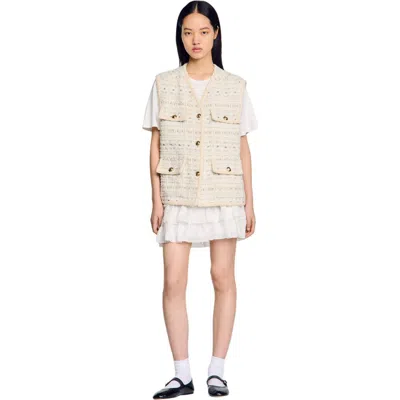 Sandro Sleeveless Tweed Jacket In Ecru/lurex