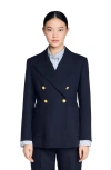 Sandro Womens Navy Blue Double-breasted Slim-fit Wool-blend Blazer In Blue