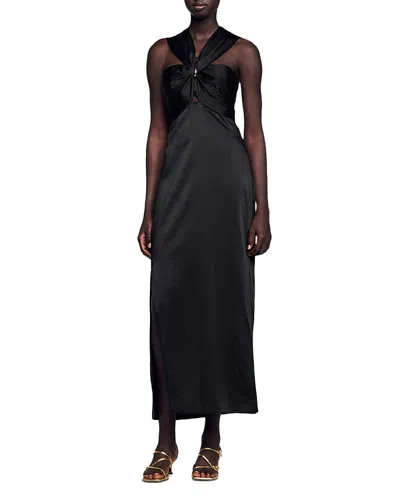 SANDRO SLIT SATIN EFFECT MAXI DRESS