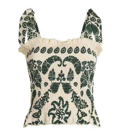SANDRO SMOCKED PRINTED CROP TOP