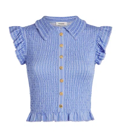 SANDRO SMOCKED STRIPE CROPPED SHIRT