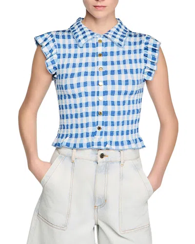 Sandro Check Smocked T-shirt In Blue