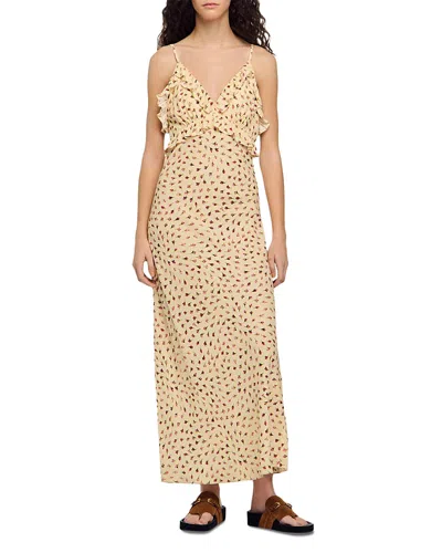 Sandro Soleane Flower Print Ruffle Maxi Dress In Neutral
