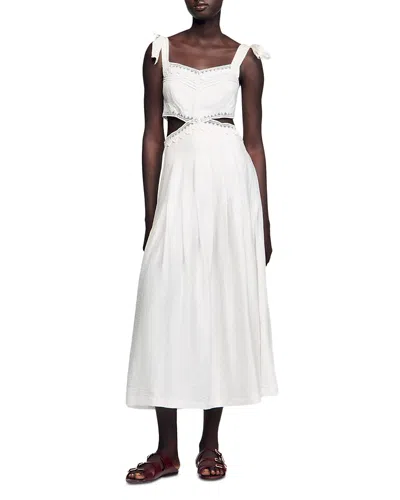 Sandro Womens Naturels Lace-trim Cut-out Linen-blend Maxi Dress