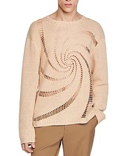 Sandro Spiral Crochet Sweater In Light Sand