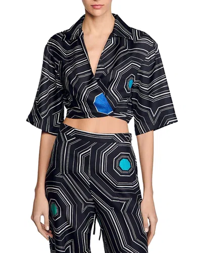 Sandro Spiral Motif Silk Shirt In Black
