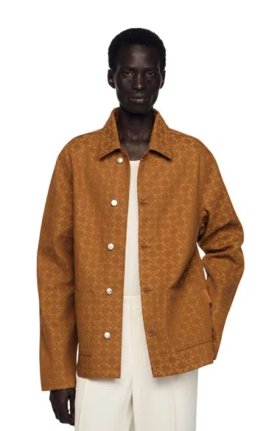 Sandro Square Cross Denim Jacket In Brown