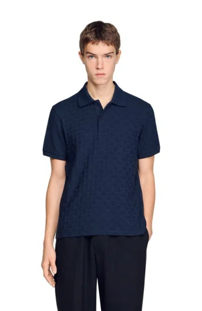 Sandro Square Cross Jacquard Polo Shirt In Blue