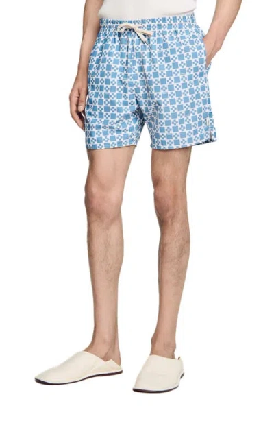 Sandro Square Cross Swim Shorts In Blue Sky