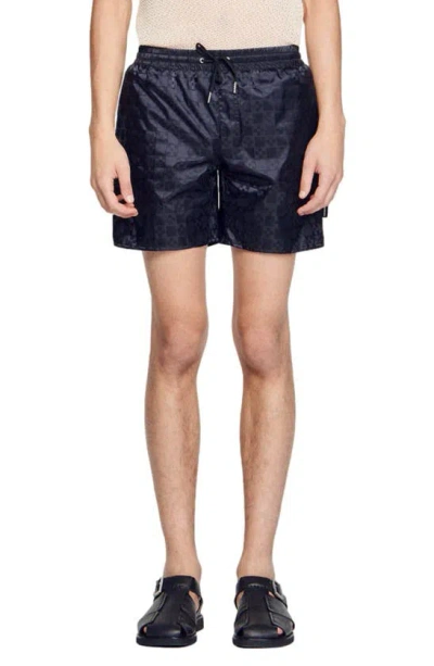 Sandro Square Cross Swim Trunks In Midnight Blue