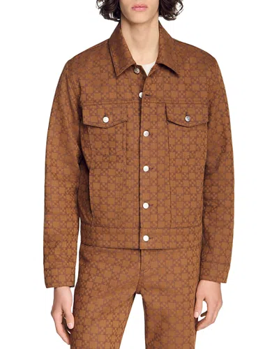 Sandro Square Cross Trucker Denim Jacket In Brown