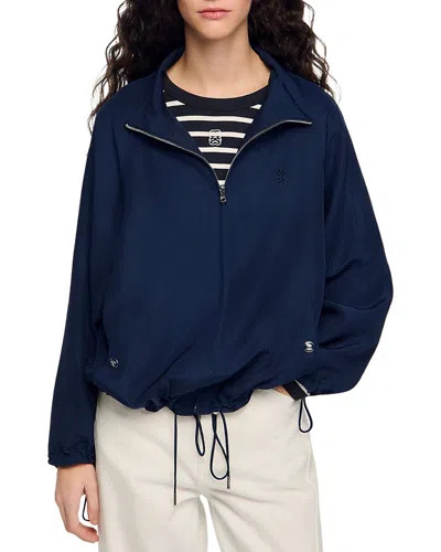 Sandro Stand Collar Oversized Jacket In Blue