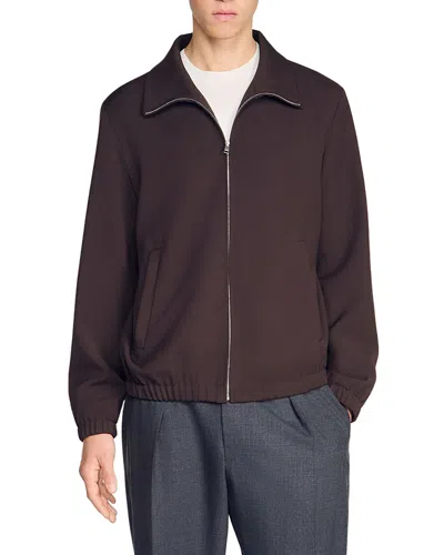 Sandro Stand Collar Wool Track Jacket In Brown