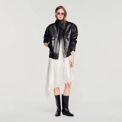 Sandro Standing Collar Leather Jacket In Black