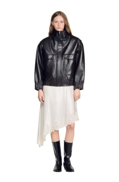 Sandro Standing Collar Leather Jacket In Black