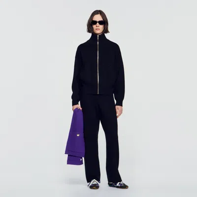 Sandro Standing Collar Rhinestone Cardigan In Black